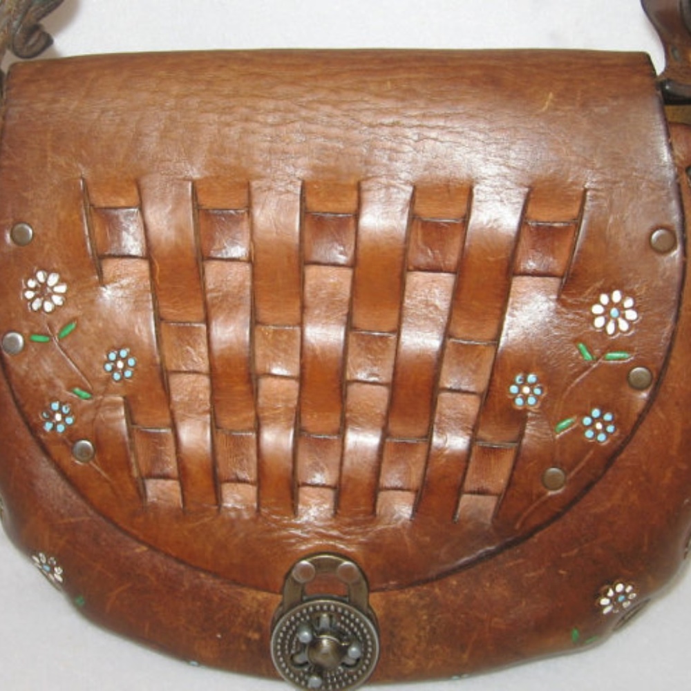 Seventies Tooled Leather Shoulder Bag with flowers